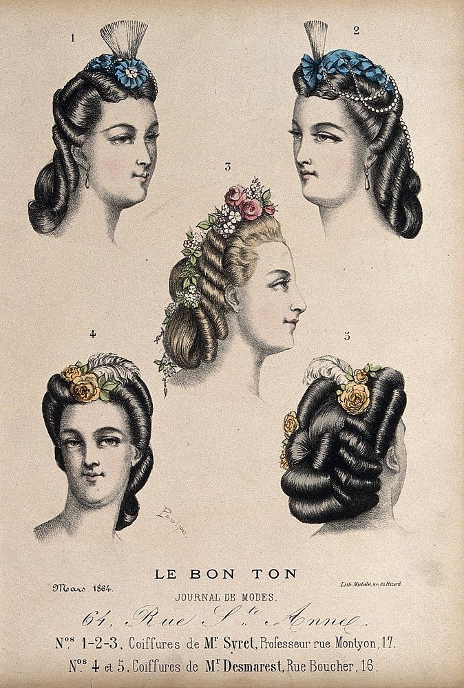 The heads of five women with their hair combed back and dressed with ribbons, flowers, feathers and beads. Coloured…