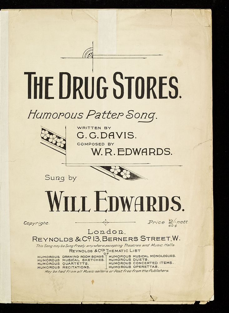 The drug stores : humorous patter song / written by G.G. Davis ; composed by W.R. Edwards ; sung by Will Edwards.