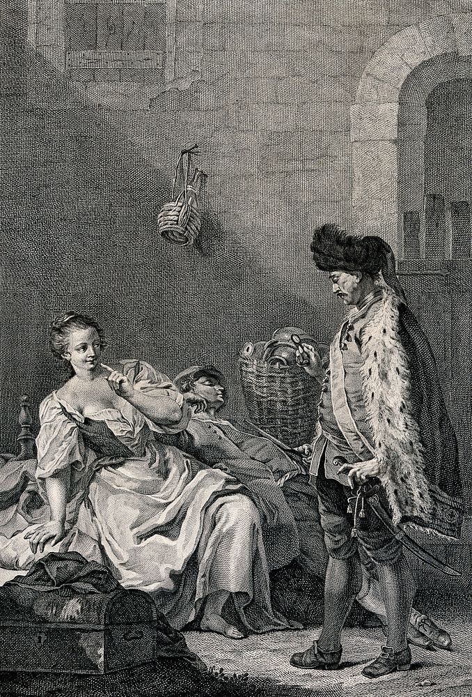 A woman is being approached by a man with a quizzing glass while another man lies asleep beside her. Engraving by Antonio…