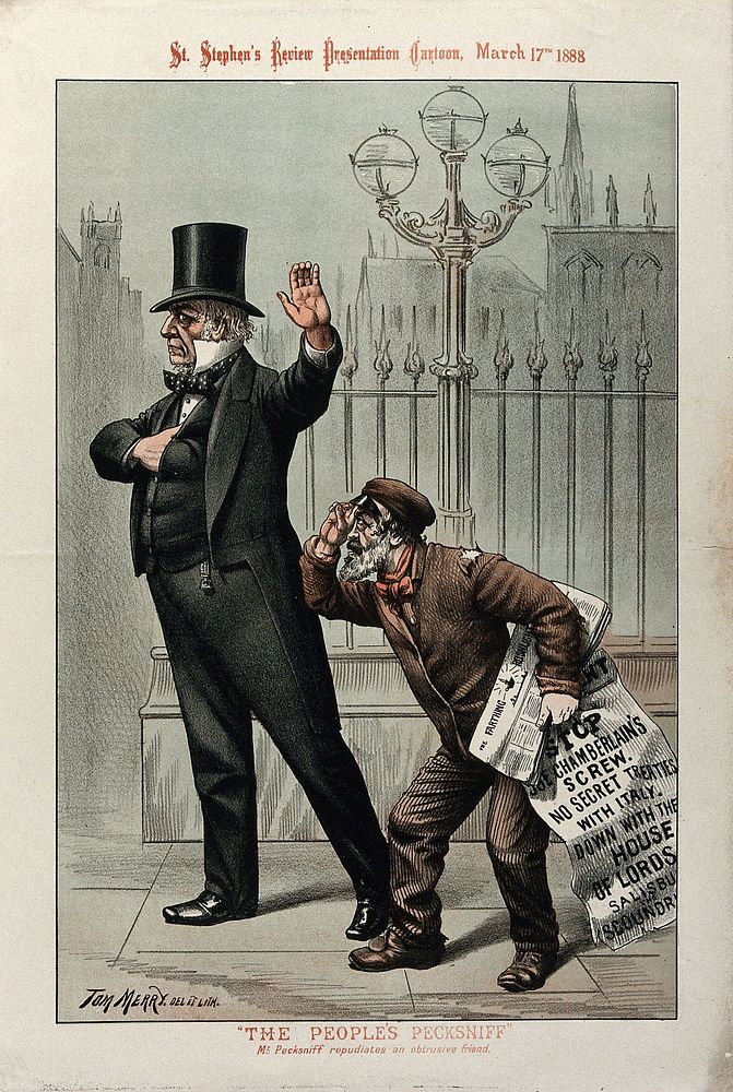W.E. Gladstone in the character of Mr Pecksniff gestures away a persistent newspaper seller (C.S. Parnell). Colour…