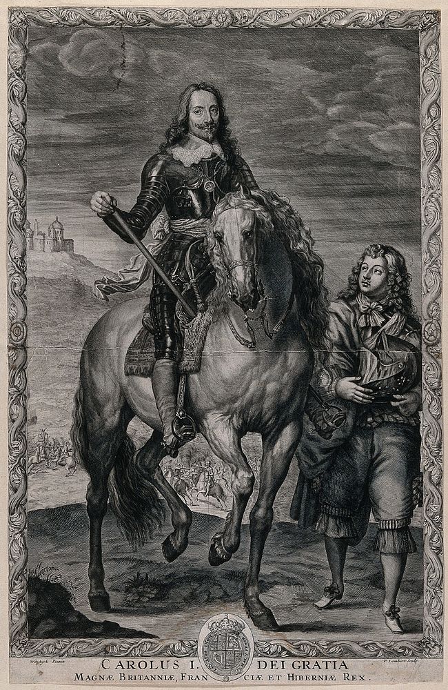 King Charles I on horseback wearing armour, a page at his side is holding his helmet; battle in the background. Engraving by…