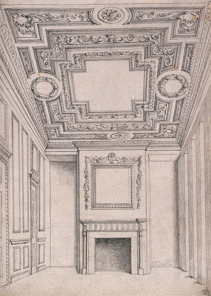 The first floor front room at No. 19 Greville Street, Holborn: looking towards the fireplace. Pencil drawing by J. P.…