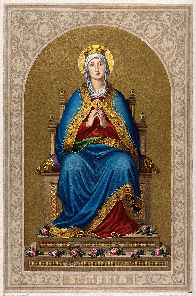 Saint Mary (the Blessed Virgin). Coloured engraving by A. Schleich after Heinrich Hess.