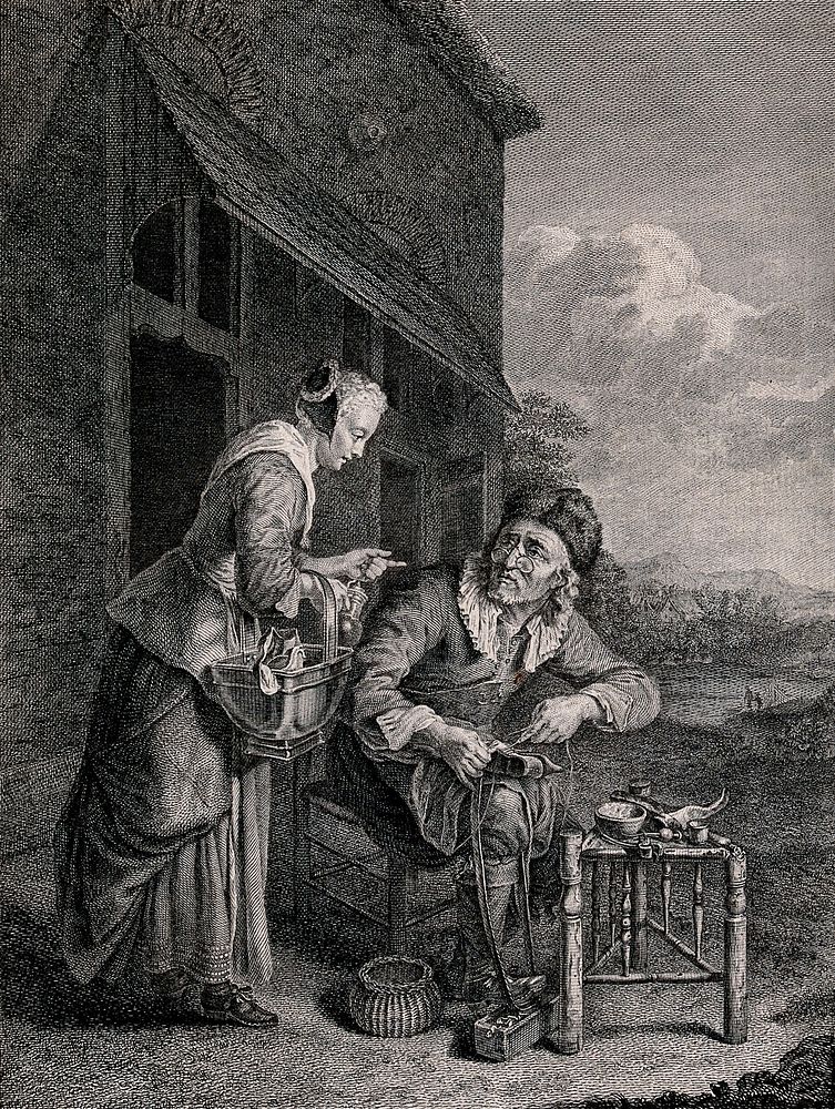 An old shoemaker is stitching a boot as a young woman leans over him holding a jug in her hand. Engraving by P. Duflos, 1778…