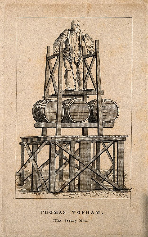 Thomas Topham, lifting 1836 lbs. Etching, 1820, after C. Leigh.