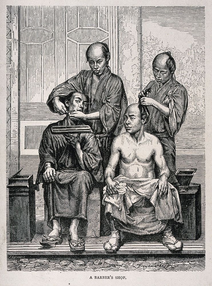 A barber's shop: an assistant shaves a seated customer, a second assistant dresses hair. Wood engraving by J. Gauchard.
