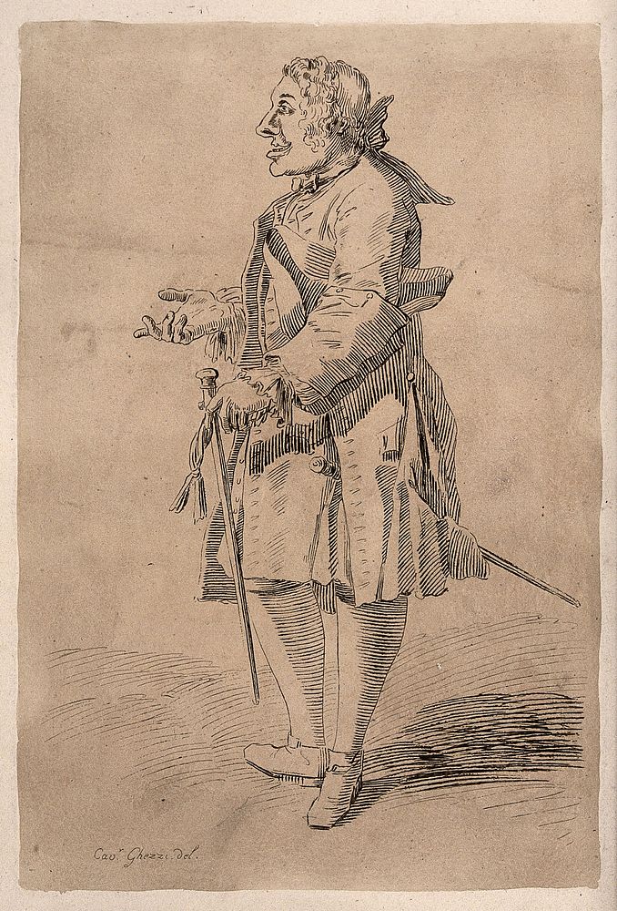 A man carrying a cane and with his hand pointing to left; designated as Robert Bragge. Etching attributed to A. Pond after…