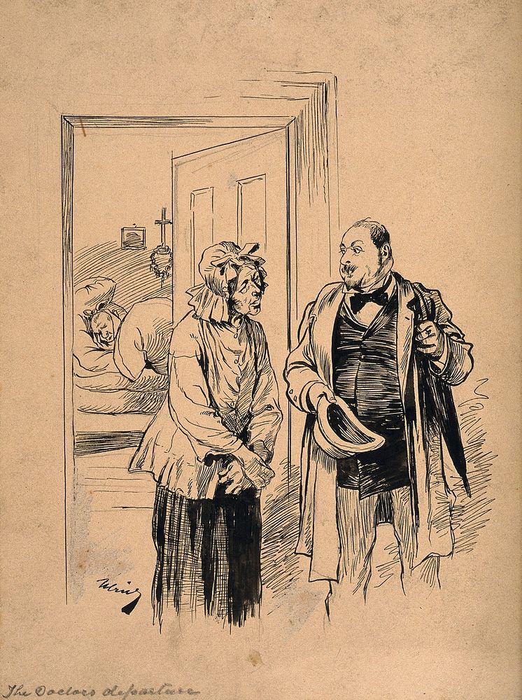 A physician talking to his patient's wife on his way out after visiting him. Pen drawing by J. Ulrich.