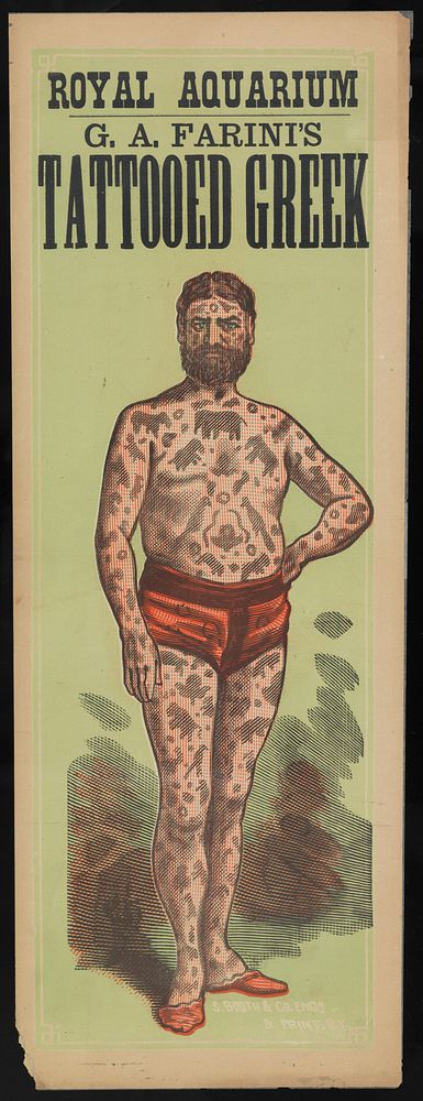 Captain Costentenus, a man with tattooes all over his body. Colour line block.