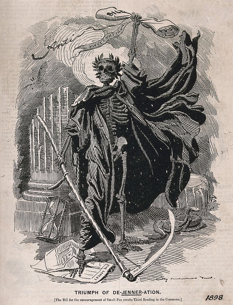 Death as a skeletal figure wielding a scythe: representing fears concerning the Vaccination Act 1898 which removed penalties…