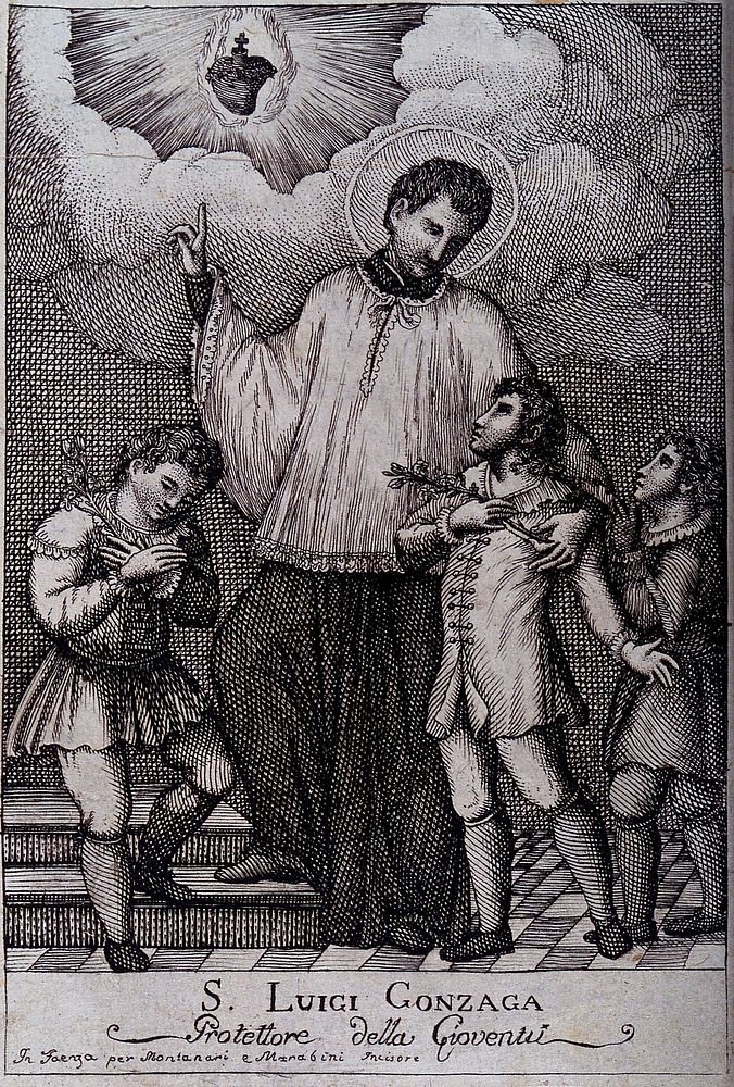 Saint Aloysius Gonzaga as protector of youth. Etching by V. Marabini.