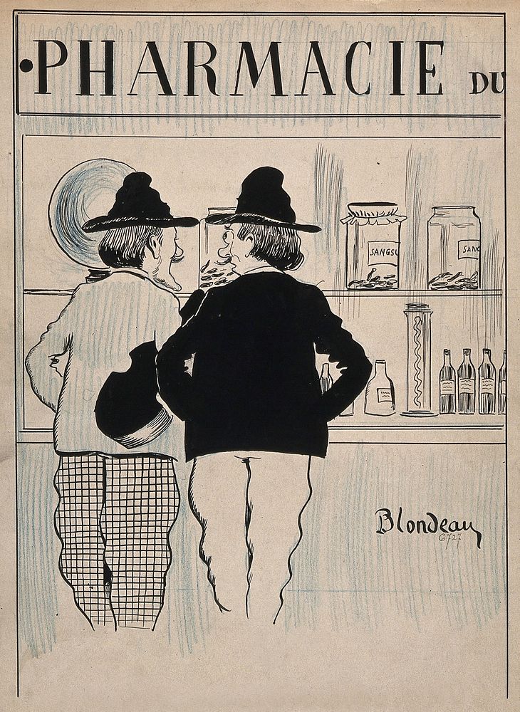 Two men share a joke about leeches in front of a pharmacy window. Coloured pen and ink drawing by Blondeau.