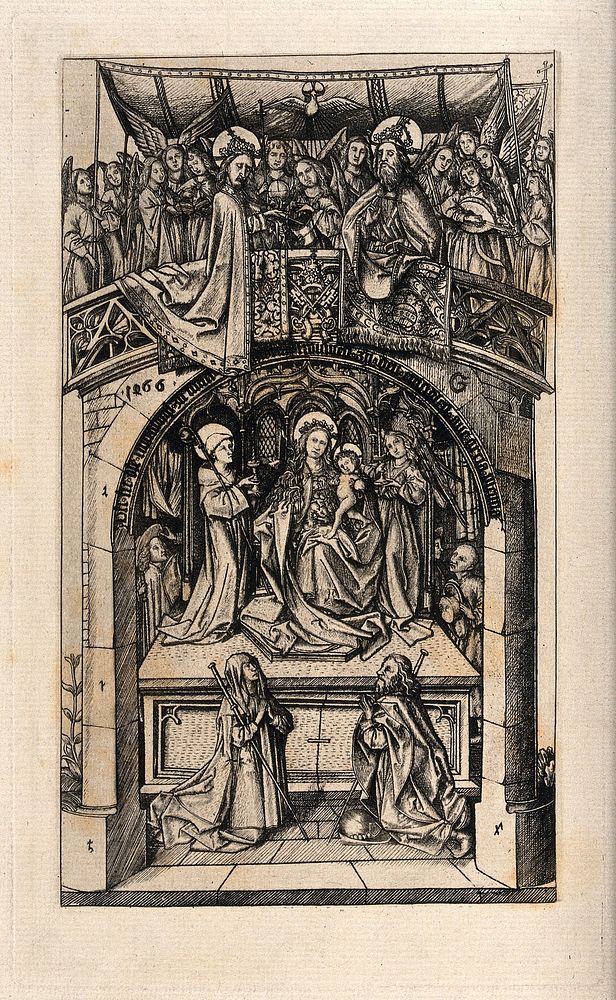The Holy Trinity and Saint Mary (as the Blessed Virgin of Einsiedeln) with the Christ Child, Saint Meinrad and pilgrims.…