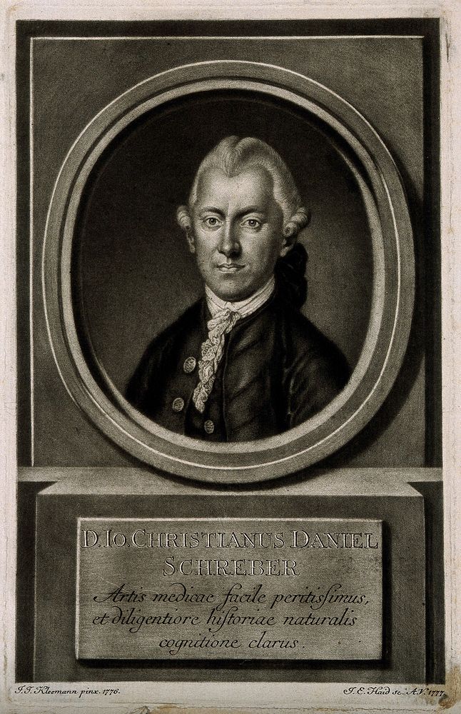 Johann Christian Daniel von Schreber. Mezzotint by J. E. Haid, 1777, after J. J. Kleeman, 1776.