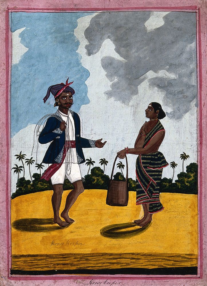 A horsegroom and his wife offering him horse feed. Gouache drawing.