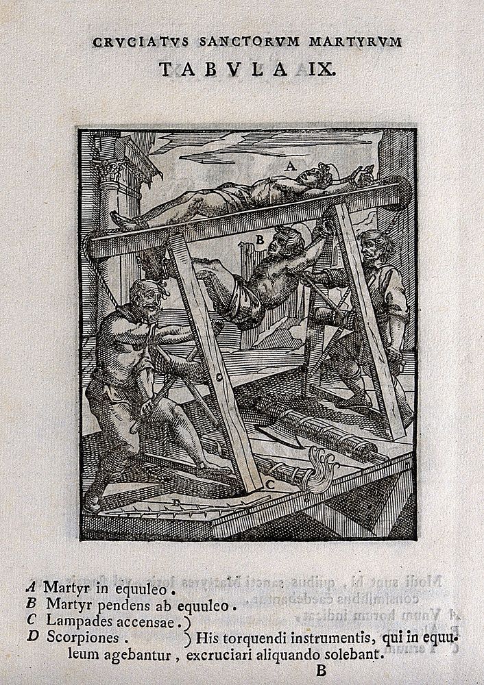 Martyrdom of two male saints, bound to the rack with flames beneath. Woodcut.