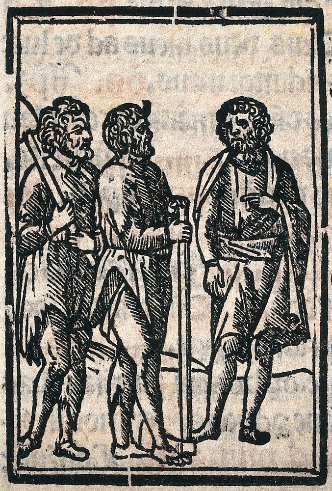 Three men standing. Woodcut.