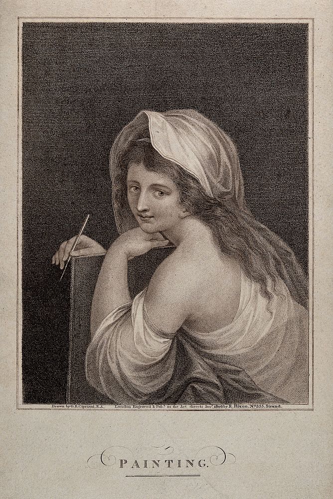A woman personifying painting. Stipple engraving by R. Hixon, 1806, after G.B. Cipriani.