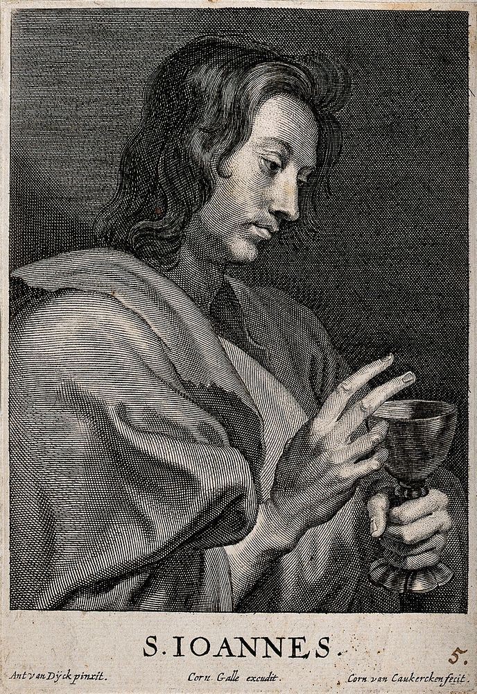 Saint John the Evangelist. Line engraving by C. van Caukercken after Sir A. van Dyck.
