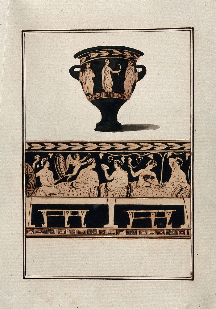 Above, red-figured Greek wine bowl (bell-krater); below, detail of the decoration showing five reclining symposiasts and a…