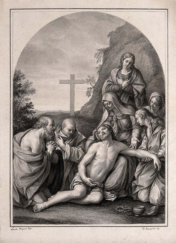 The deposition of Christ from the cross; the holy women mourn. Drawing by F. Rosaspina, c. 1830, after L. Massari.
