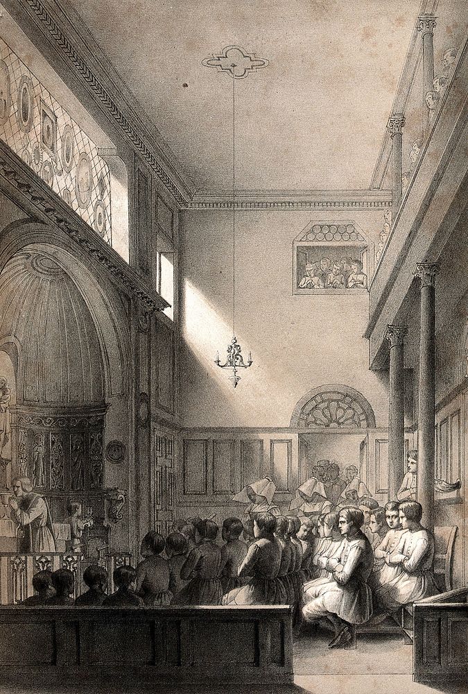 Mettray penal colony, Mettray, France: the chapel during Mass. Lithograph by Tirpenne and Faivre after Alx. Thierry.
