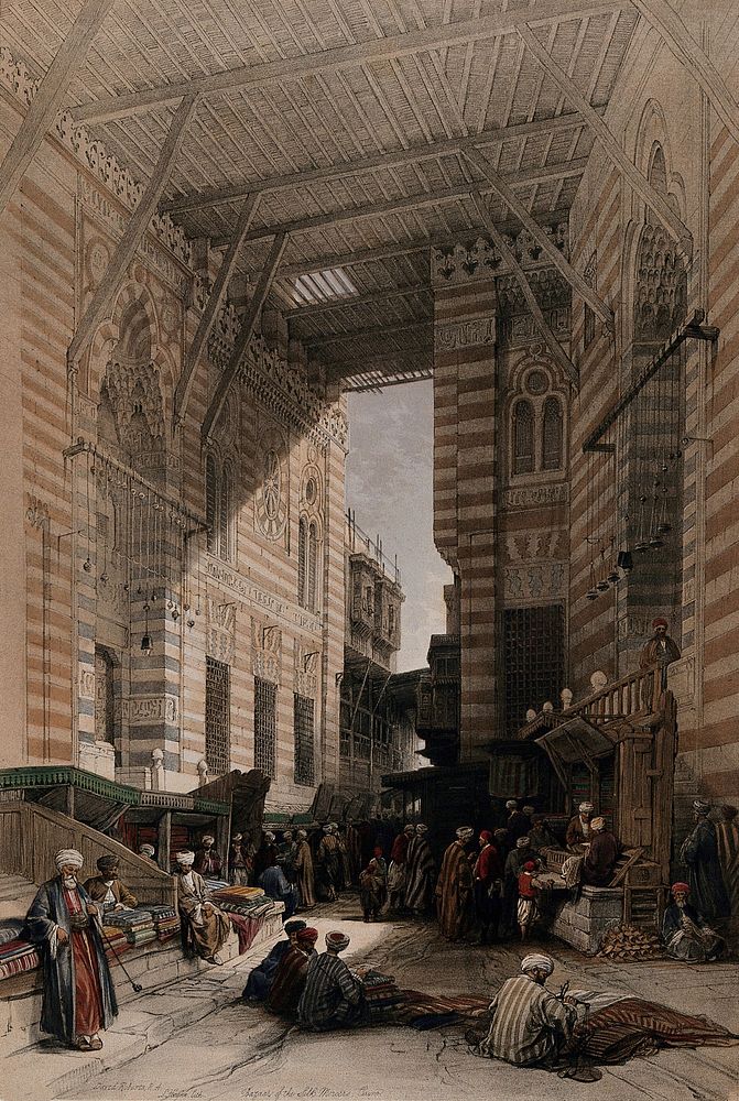 The bazaar of the silk mercers in Cairo with a man smoking a long-stemmed pipe. Coloured lithograph by L. Haghe, c. 1848…