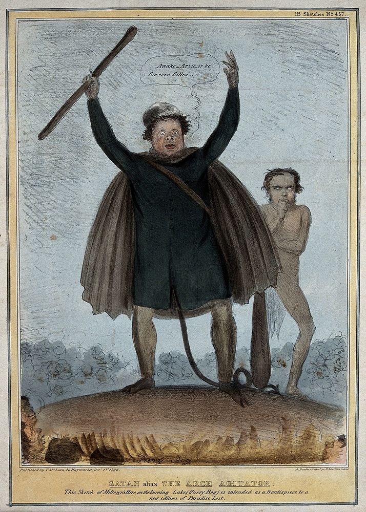 Daniel O'Connell transmuted into the form of Satan stands arms aloft with Shiel behind him. Coloured lithograph by H.B.…