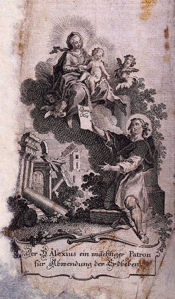 Saint Alexius (Alexis) intercedes before the Virgin for protection against earthquakes. Etching, 17--.