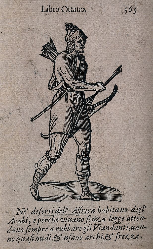 An Arab man in North Africa carrying a bow in his hand and he has a quiver of arrows on his back. Woodcut after C. Vecellio.