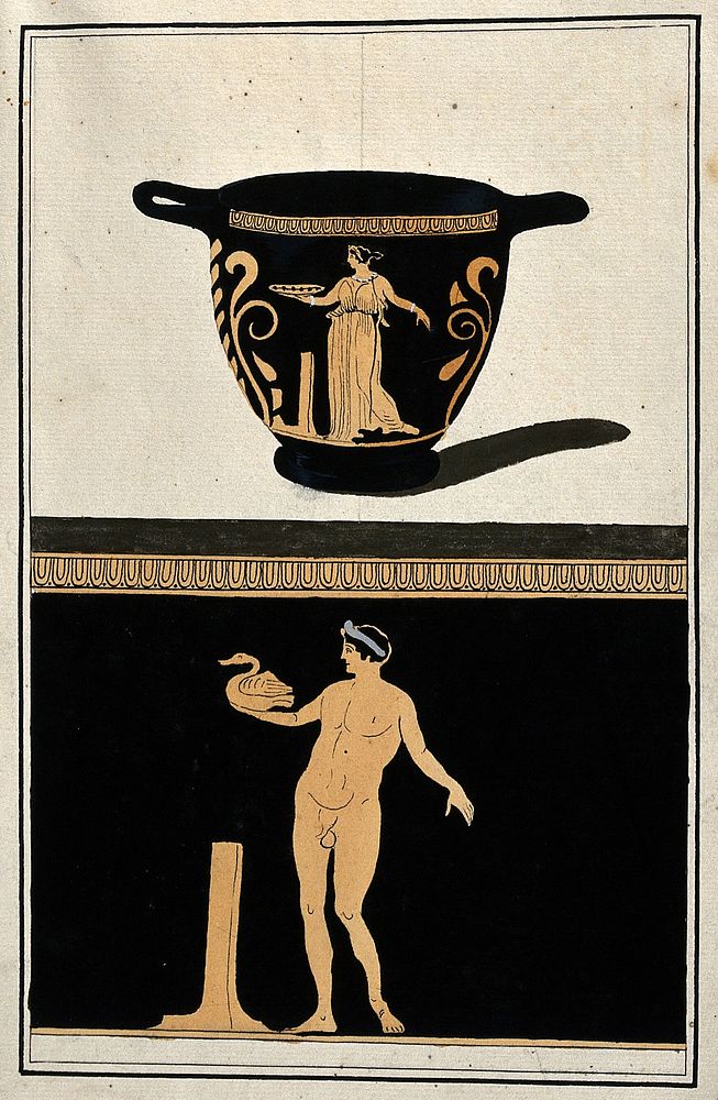 Above, red-figured Greek bowl (skyphos) decorated with a woman holding a dish; below, detail of decoration showing a naked…