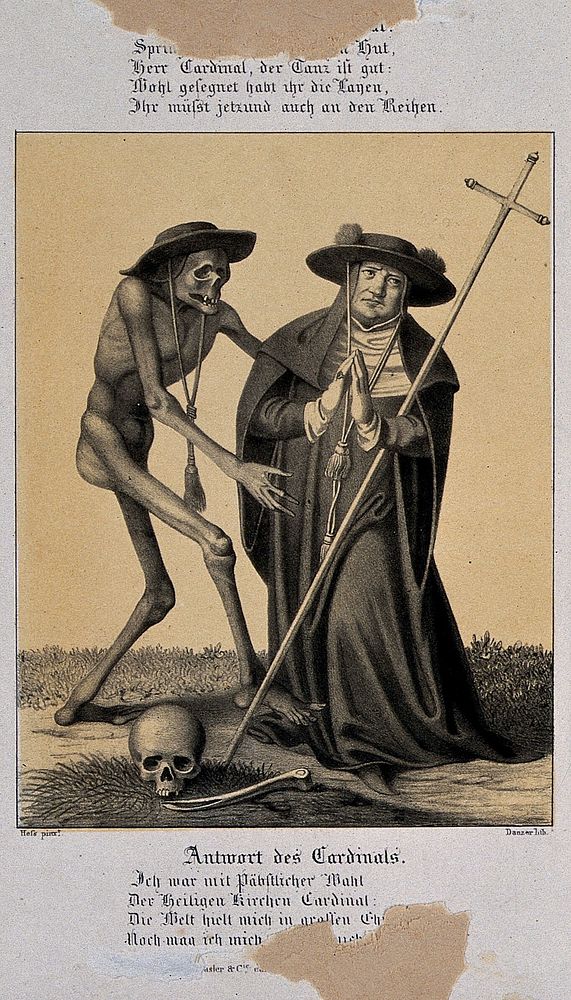 The dance of death at Basel: death and the cardinal. Lithograph by G. Danzer after H. Hess.