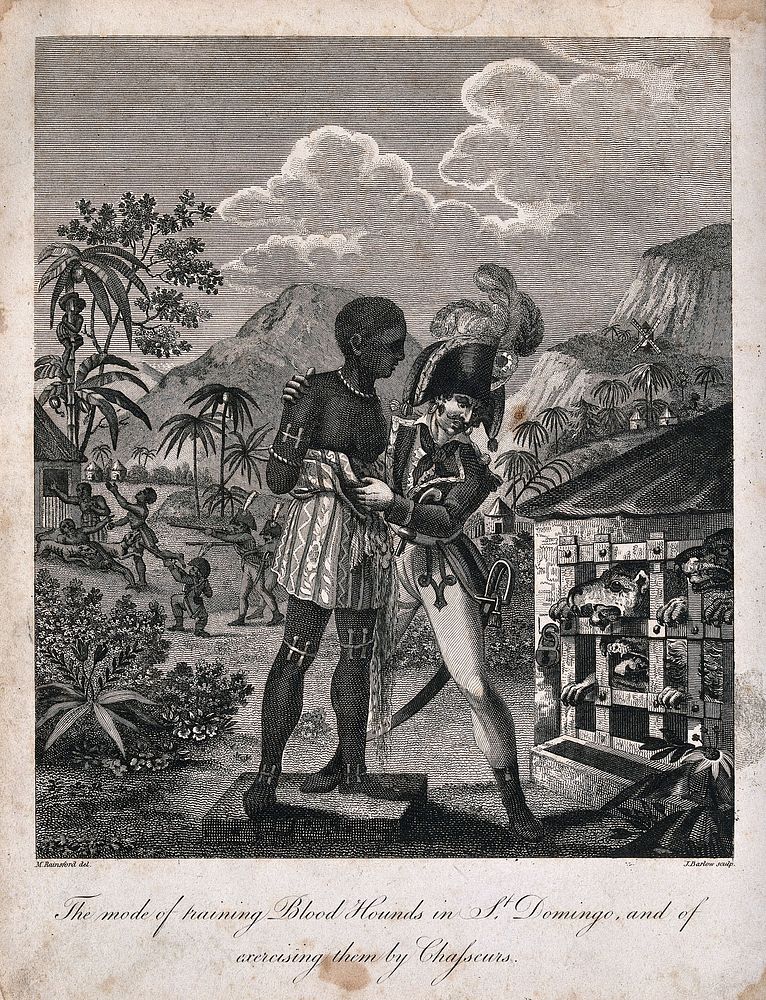 French sailors feeding manacled black slaves in San Domingo to ravenous blood-hounds. Engraving by J. Barlow, 1805, after M.…