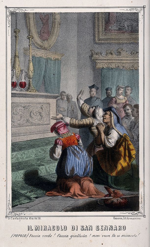 Saint Januarius: worshippers demand that his blood be turned green or yellow as a miracle. Coloured lithograph by G.…