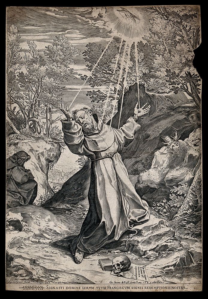Saint Francis of Assisi receiving the stigmata of Christ from the seraph. Engraving by Agostino Carracci, 1586.