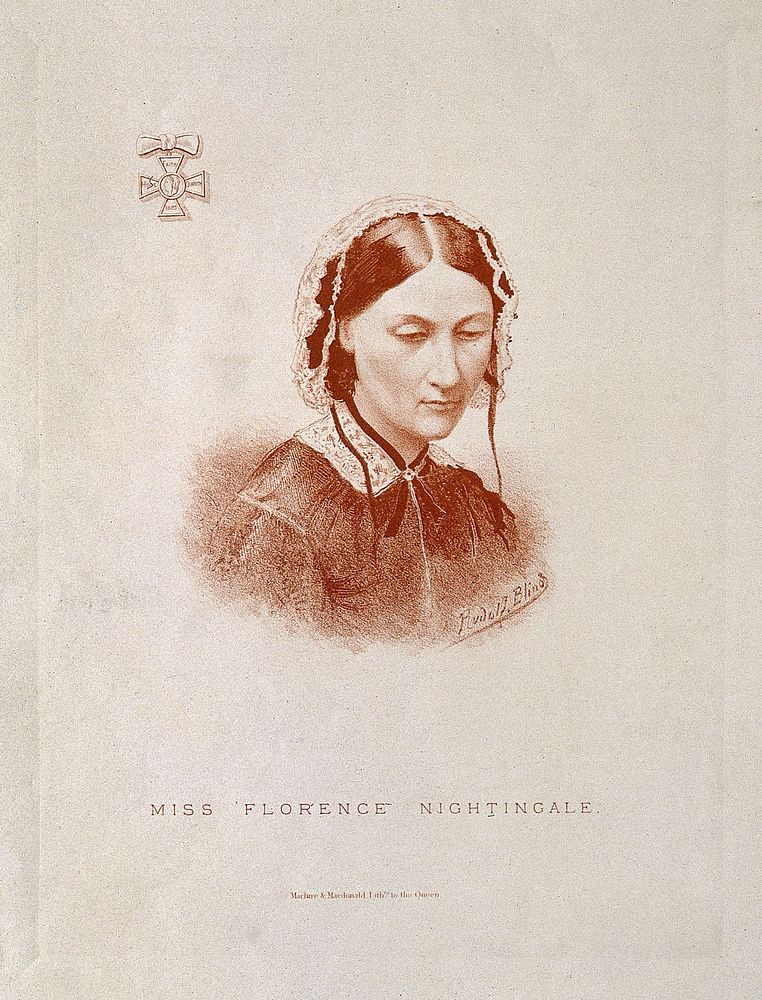 Florence Nightingale. Colour lithograph by R. Blind.