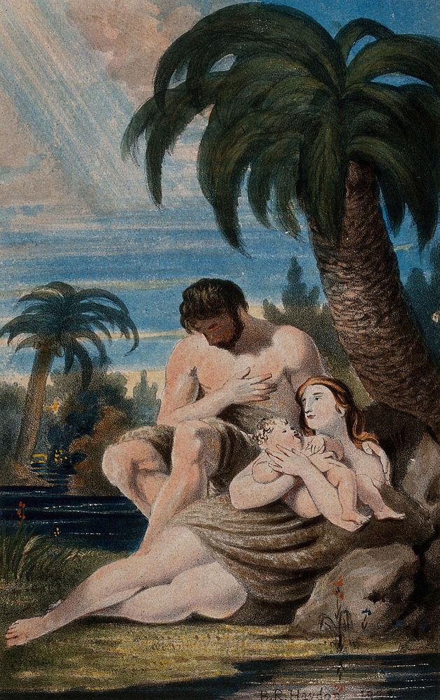 Adam and Eve with their first child, Cain. Chromolithograph after B.R. Haydon, 1832.