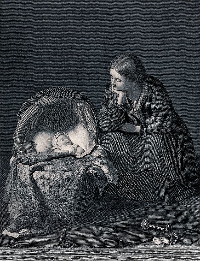 A young mother sits and looks at her baby who is asleep in the crib. Engraving.