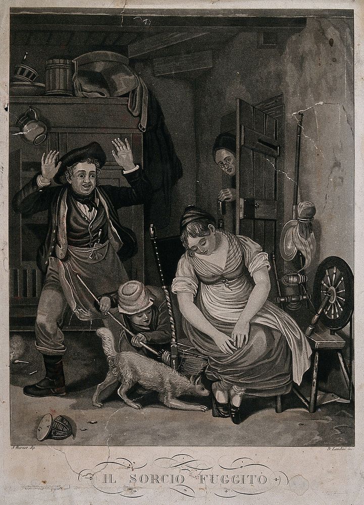 A family scene where a mouse seems to have escaped from a type of trap and is being pursued by a child with a broom and a…
