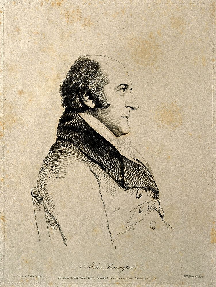 Miles Partington. Soft-ground etching by W. Daniell after G. Dance, 1800.