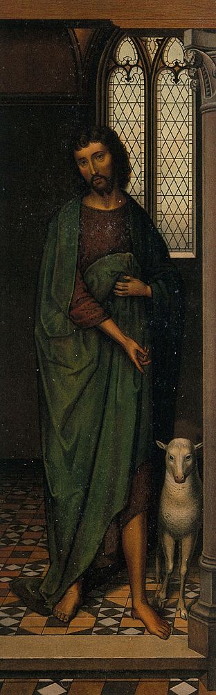 Saint John the Baptist. Colour lithograph by C. Schultz after H. Memling.
