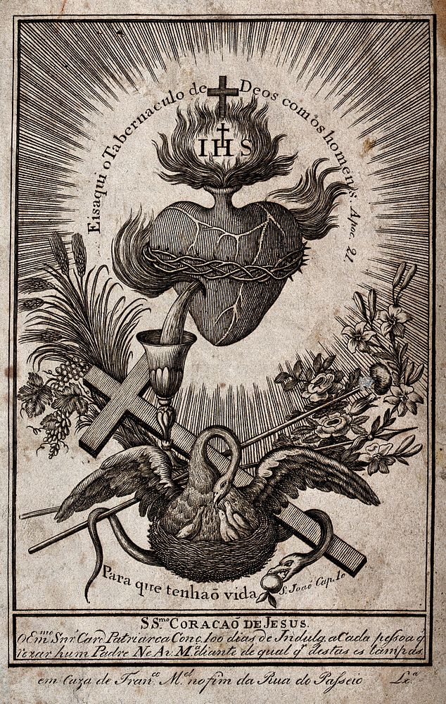 The Sacred Heart, a chalice filled with blood from it and Instruments of the Passion; underneath the pelican feeding its…