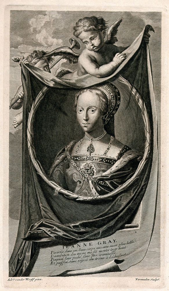 Lady Jane Grey: her portrait in a medallion before a shroud held by two putti . Engraving by C. Vermeulen after A. van der…