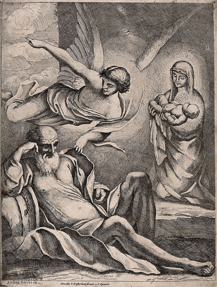 Joseph is told in a dream to flee to Egypt with Mary and Jesus. Etching after A. Sacchi.