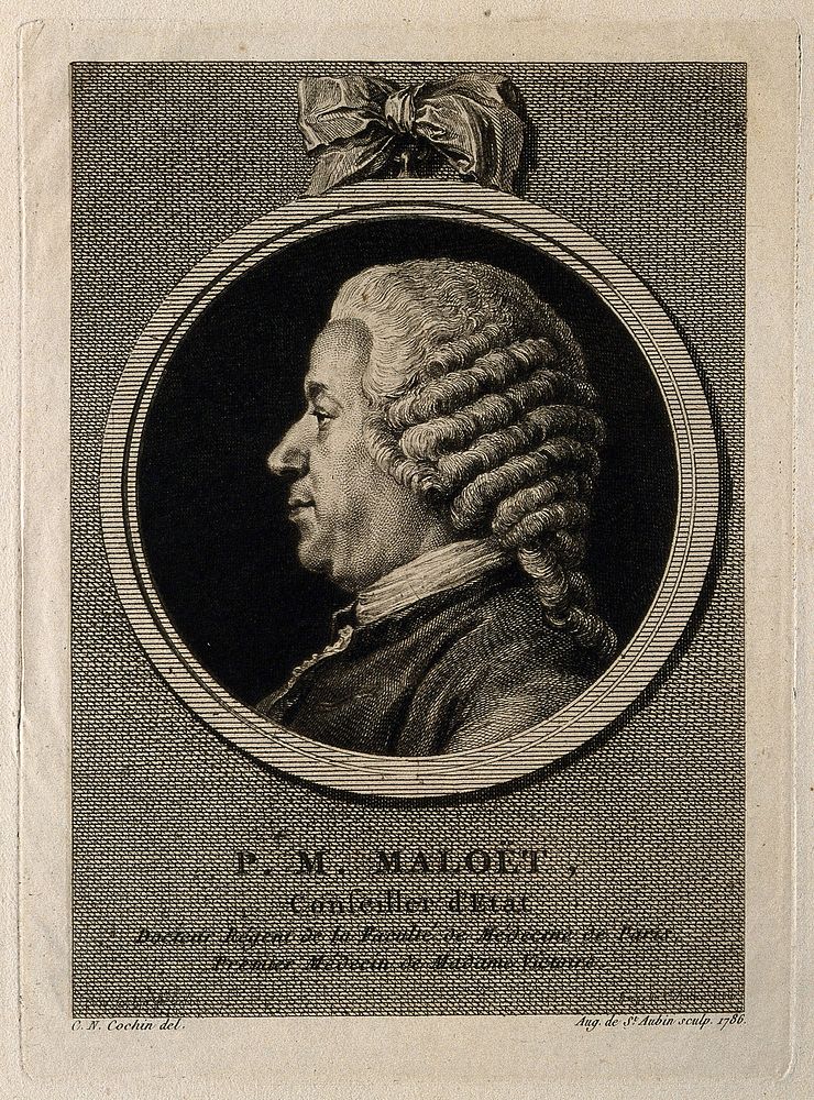 Pierre-Louis-Marie Maloët. Line engraving by A. de St Aubin, 1786, after C. N. Cochin.