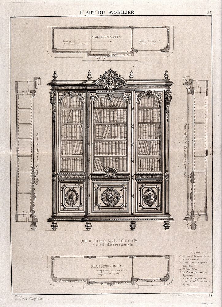 Cabinet-making: design for a bookcase. Etching by J. Verchère after himself, 1880.