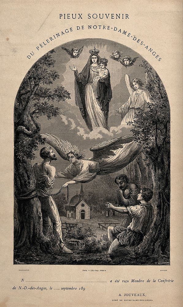 Pilgrimage to the church of Notre-Dame-des-Anges: the Virgin sends an angel to liberate three travellers. Wood engraving by…