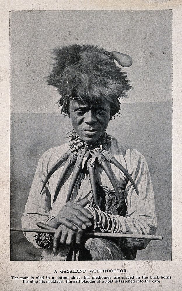 A Gazaland medicine man or shaman, equatorial Africa. Halftone after Dudley Kidd.