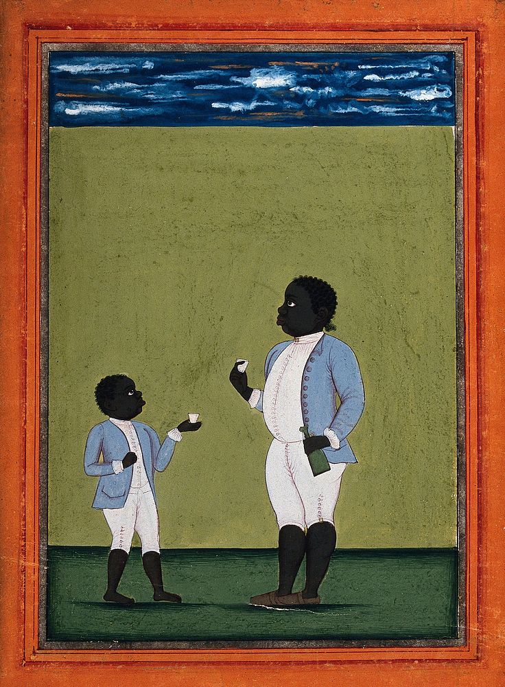 Two black domestic servants in European dress. Gouache painting by an Indian artist.