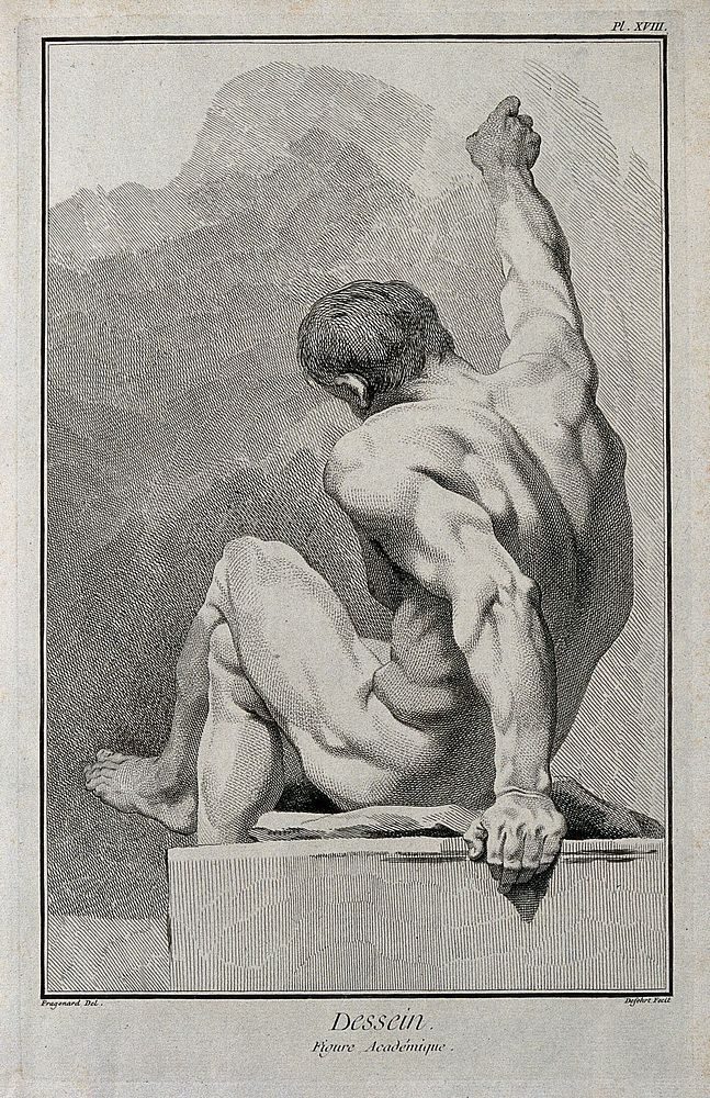 A seated male nude figure with right arm outstretched, seen from behind. Engraving by Defehrt after J.H. Fragonard.